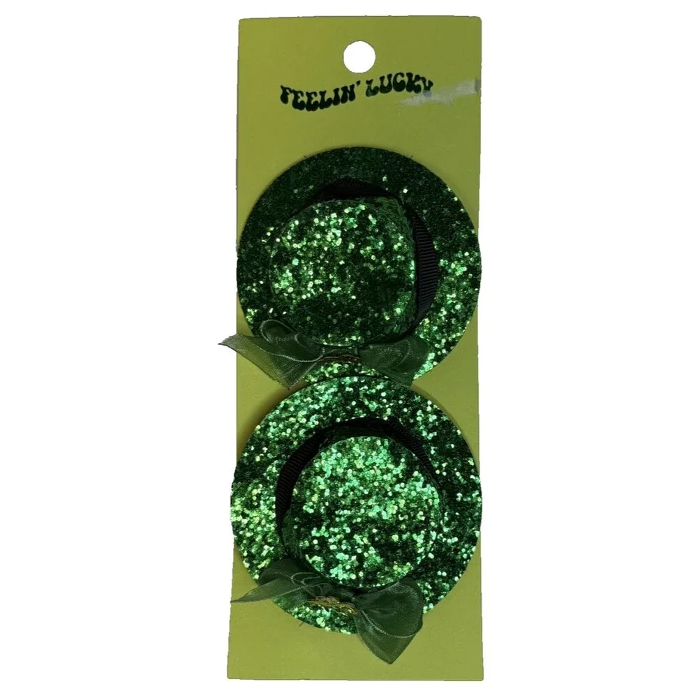 Bundle St Patrick’s Set Of 2 Leprechaun Hat Clips & 3 Pk Shamrock Scrunchies NEW